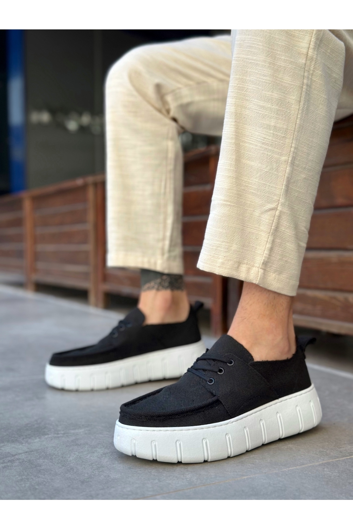Bağcıklı Keten Erkek Günlük Ayakkabı SİYAH (BEYAZ TABAN) - Görsel 4
