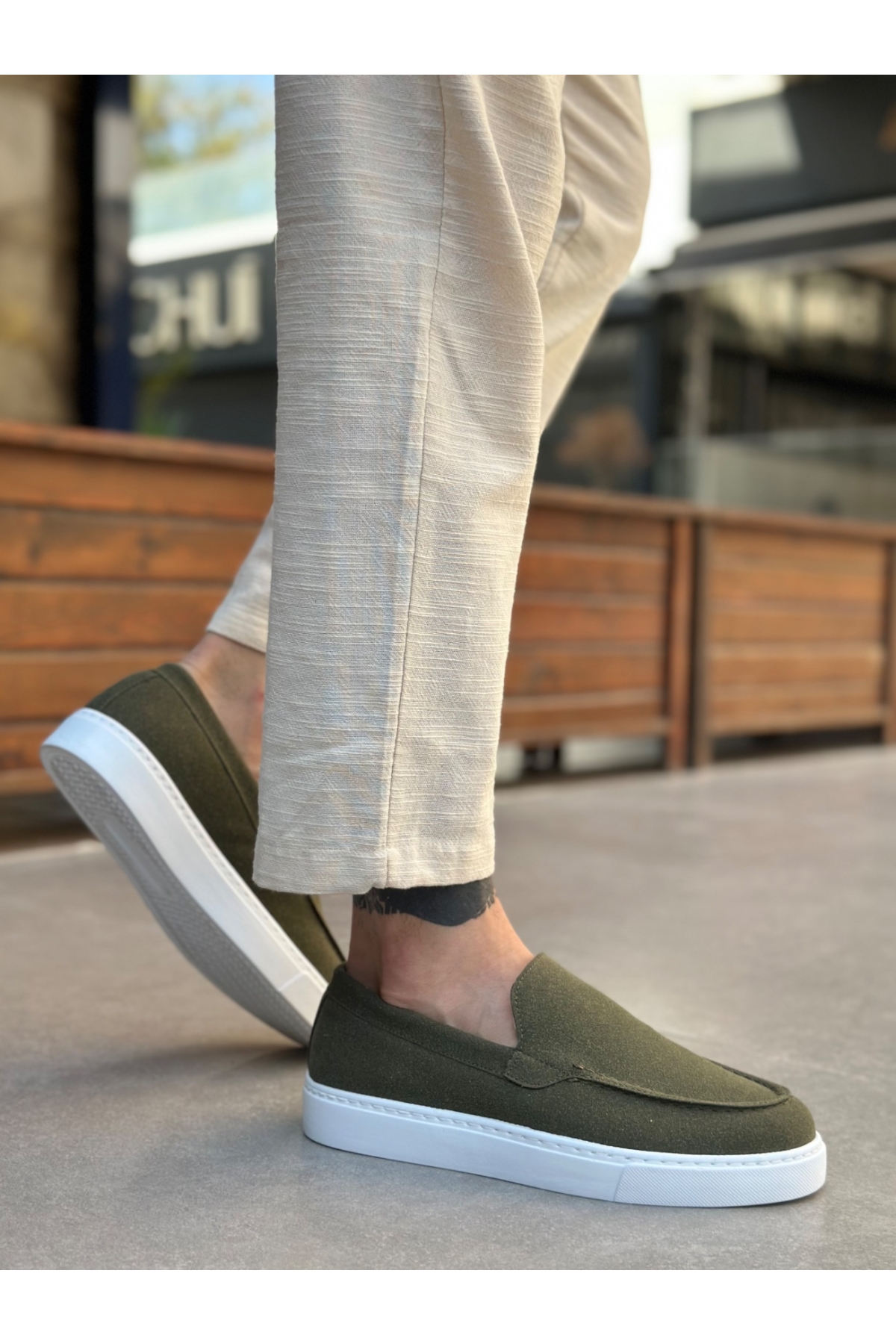 Bağcıksız Erkek Casual Ayakkabı HAKİ SÜET (BEYAZ TABAN) - Görsel 4