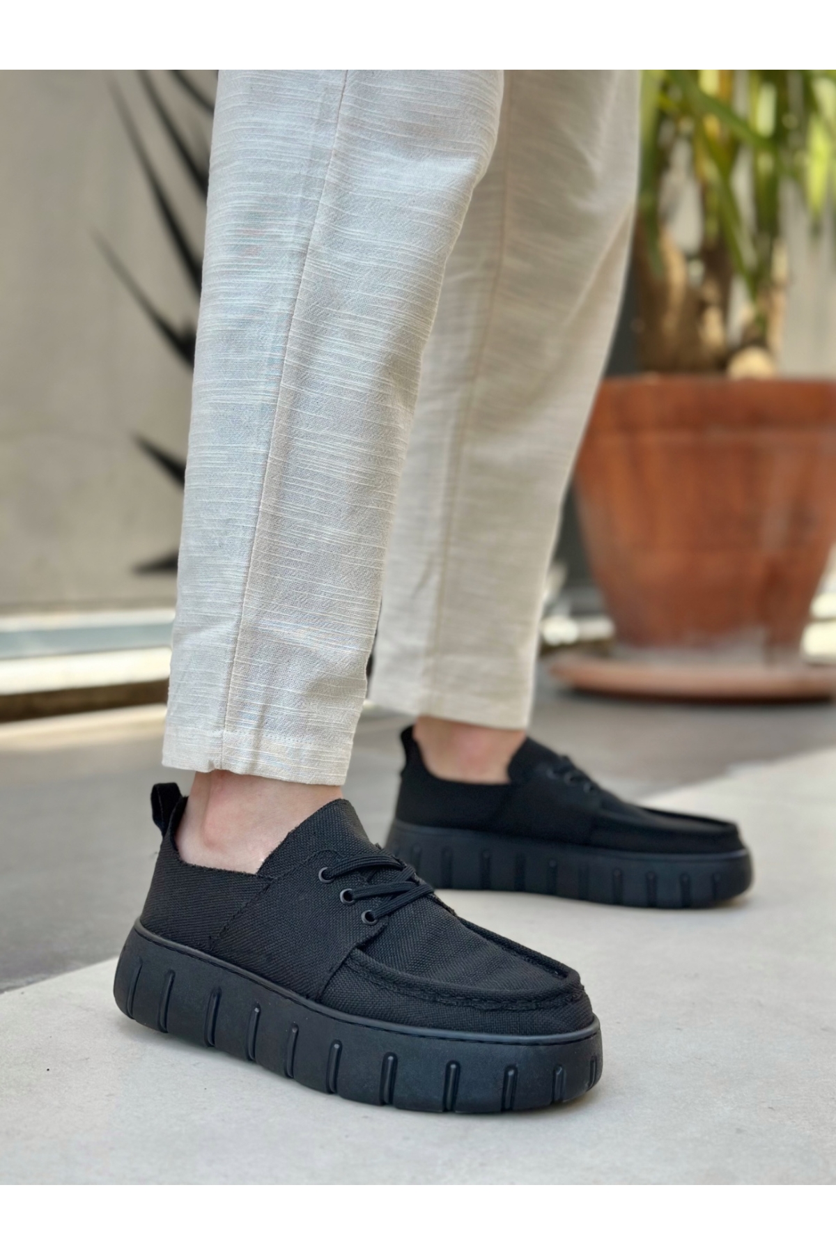 Bağcıklı Keten Erkek Günlük Ayakkabı SİYAH (SİYAH TABAN) - Görsel 2