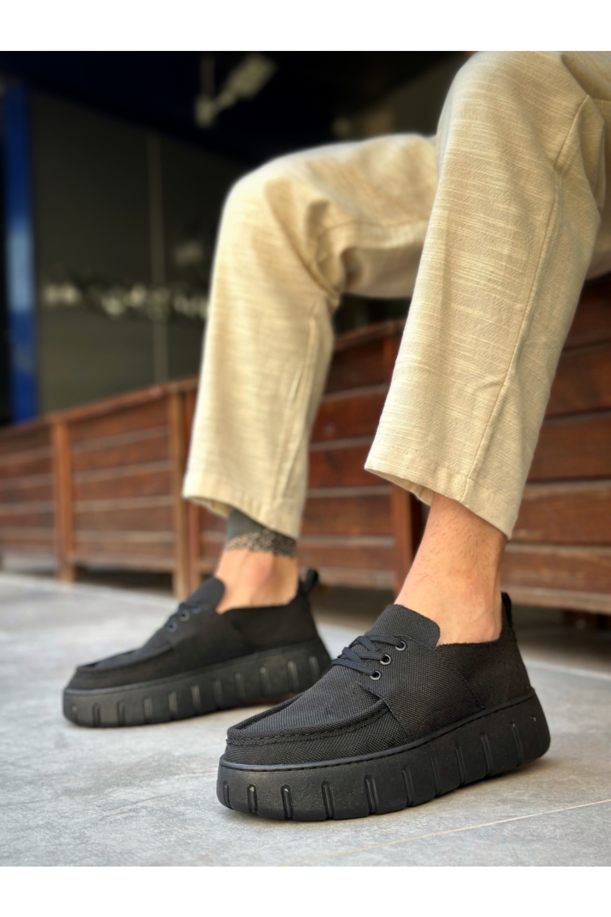 Bağcıklı Keten Erkek Günlük Ayakkabı SİYAH (SİYAH TABAN) - Görsel 3