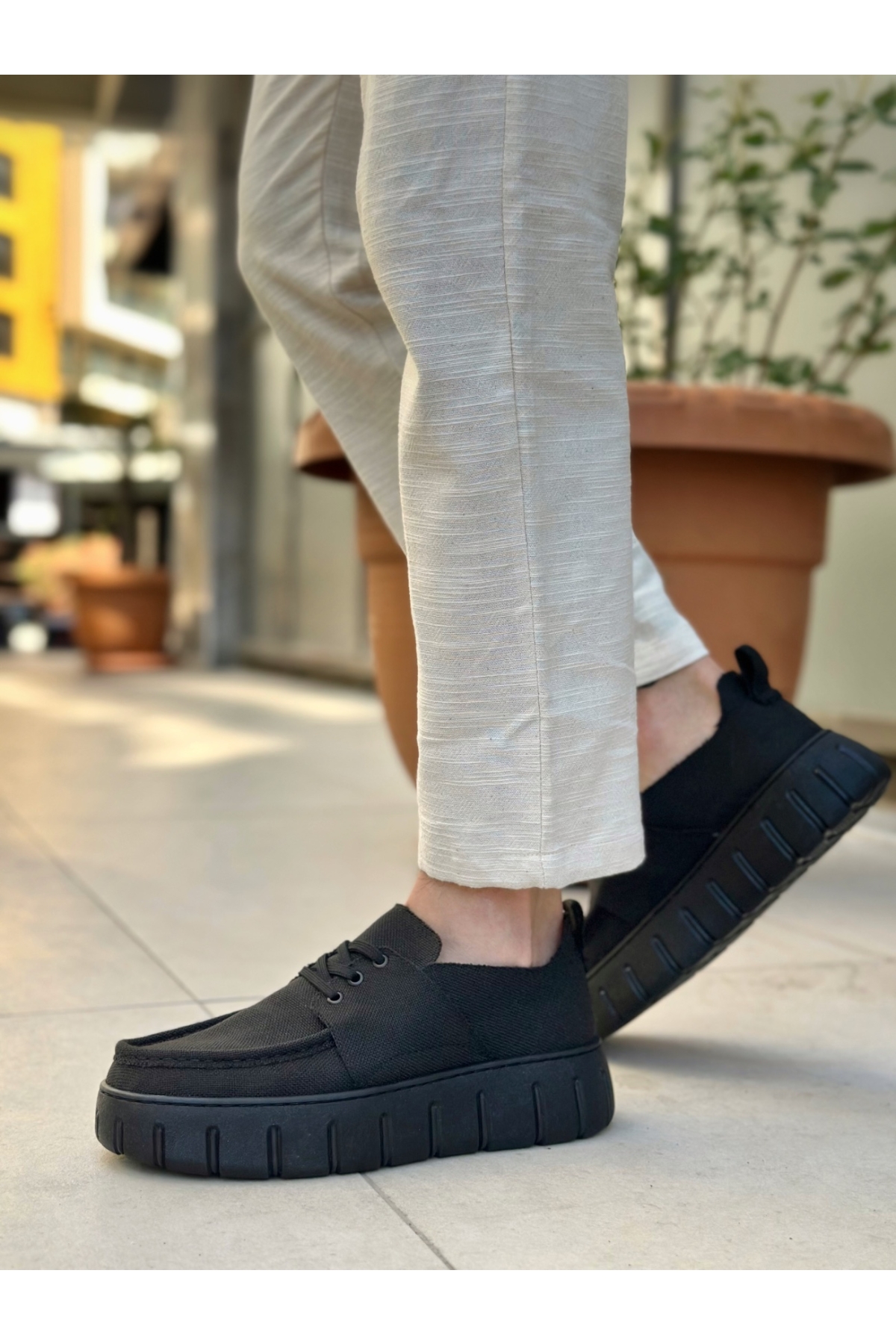 Bağcıklı Keten Erkek Günlük Ayakkabı SİYAH (SİYAH TABAN) - Görsel 4