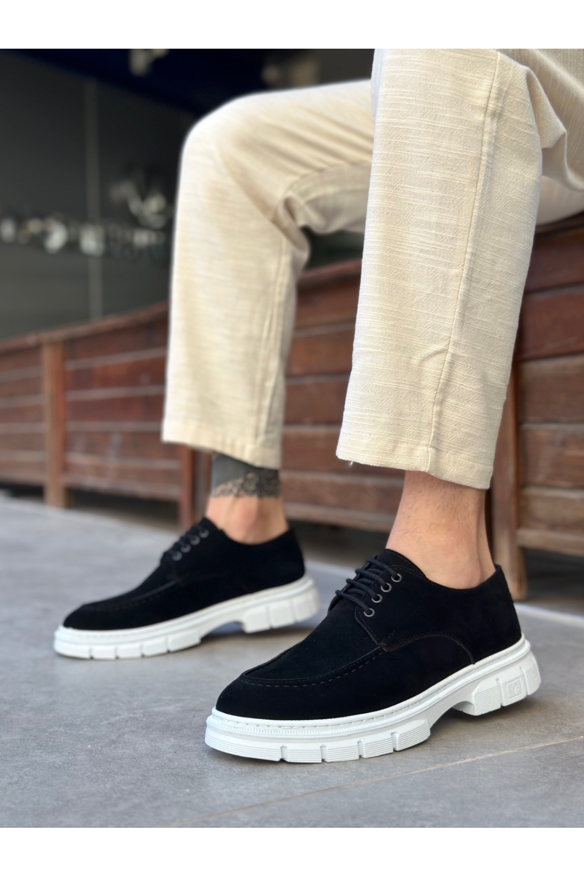 Bağcıklı Erkek Casual Ayakkabı SİYAH SÜET (BEYAZ TABAN) - Görsel 4