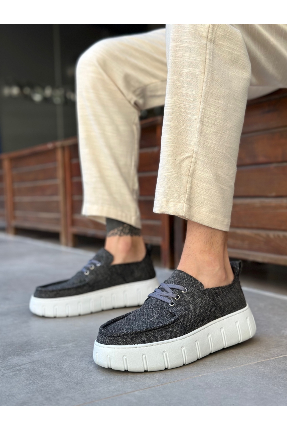 Bağcıklı Keten Erkek Günlük Ayakkabı GRİ (BEYAZ TABAN) - Görsel 3