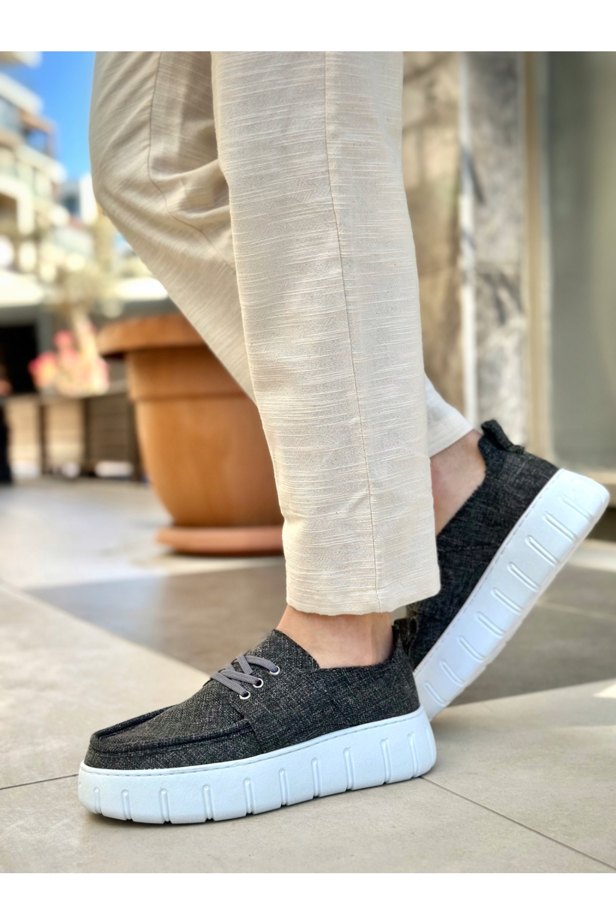 Bağcıklı Keten Erkek Günlük Ayakkabı GRİ (BEYAZ TABAN) - Görsel 4
