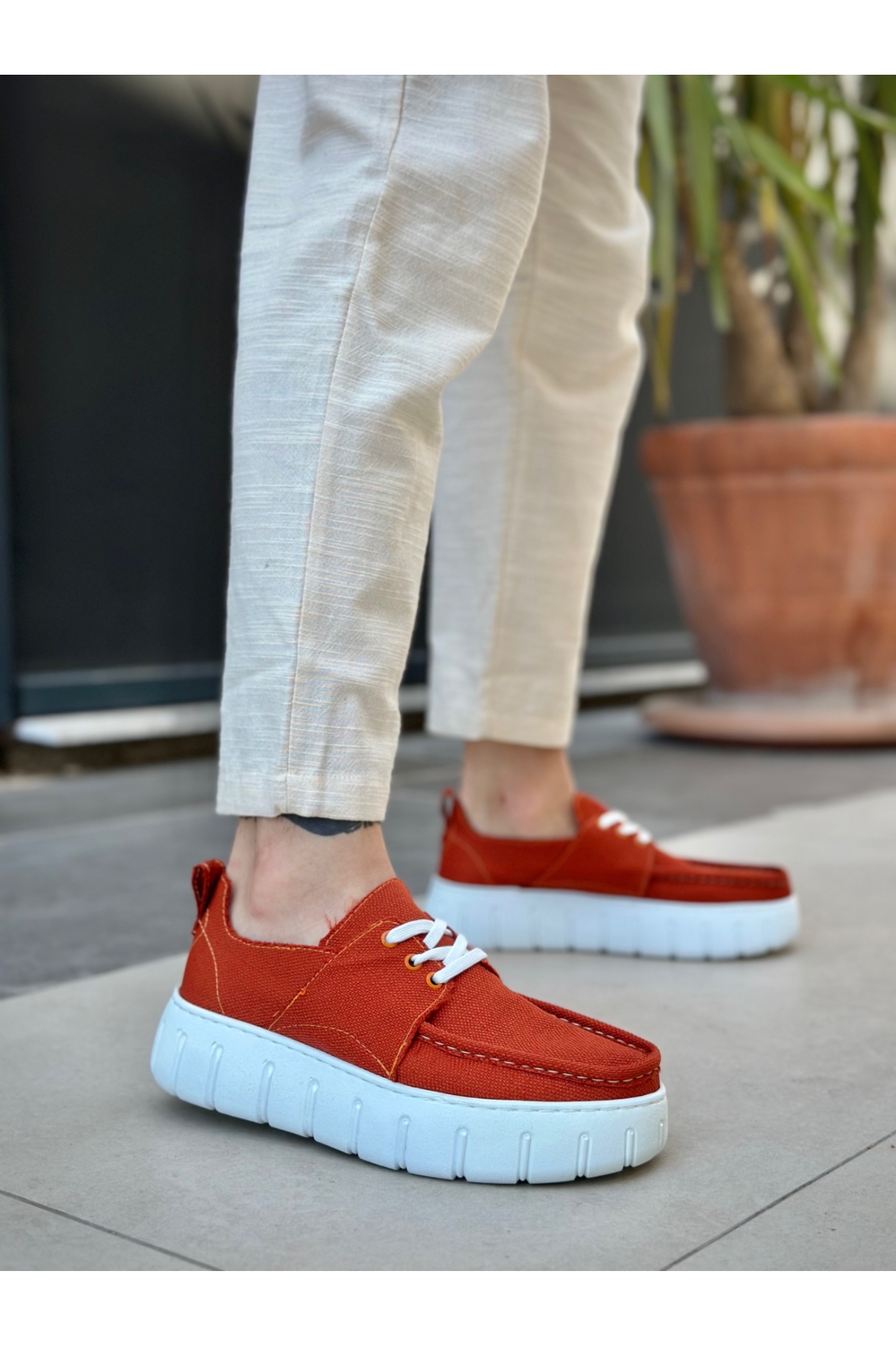 Bağcıklı Keten Erkek Günlük Ayakkabı TURUNCU (BEYAZ TABAN) - Görsel 2