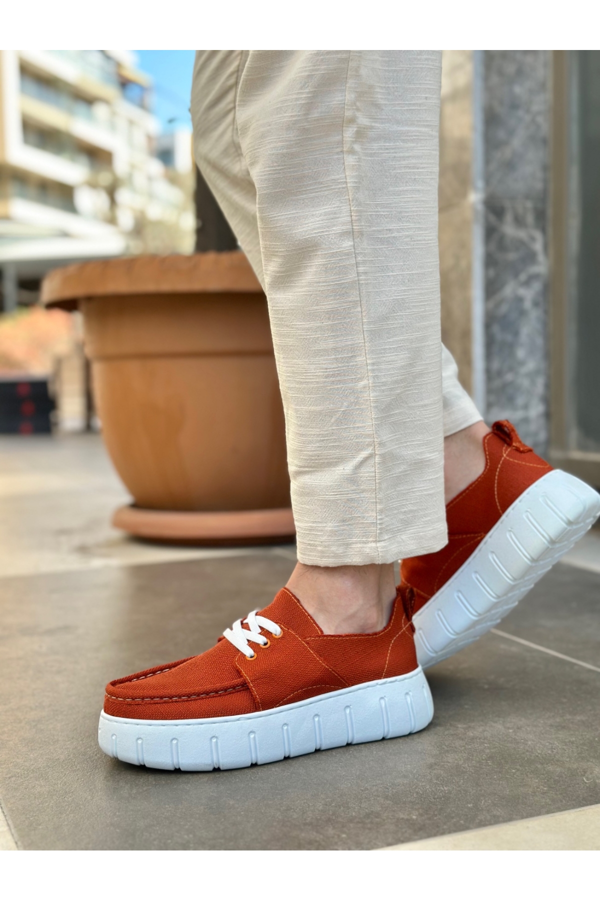 Bağcıklı Keten Erkek Günlük Ayakkabı TURUNCU (BEYAZ TABAN) - Görsel 3