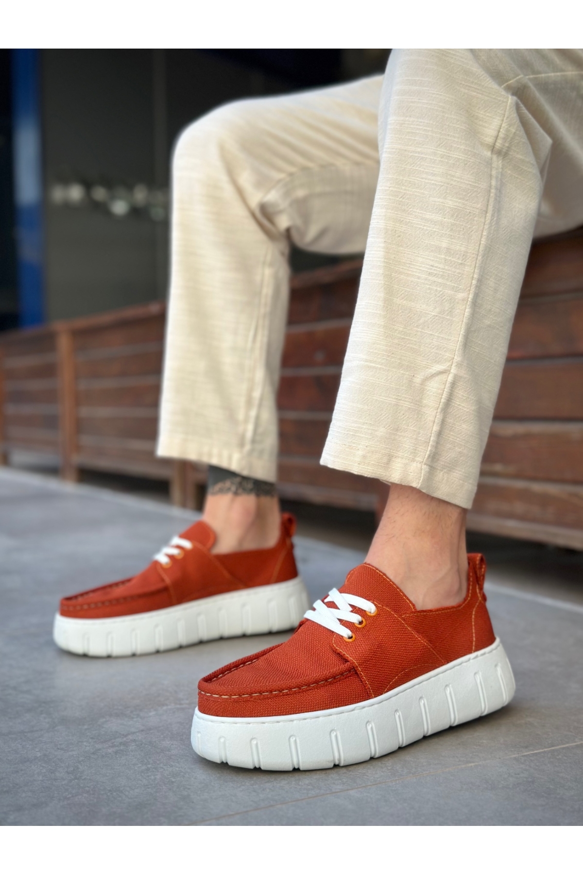 Bağcıklı Keten Erkek Günlük Ayakkabı TURUNCU (BEYAZ TABAN) - Görsel 4