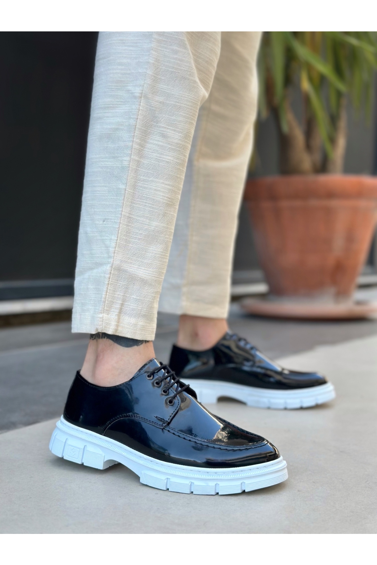 Bağcıklı Erkek Casual Ayakkabı SİYAH RUGAN (BEYAZ TABAN) - Görsel 2