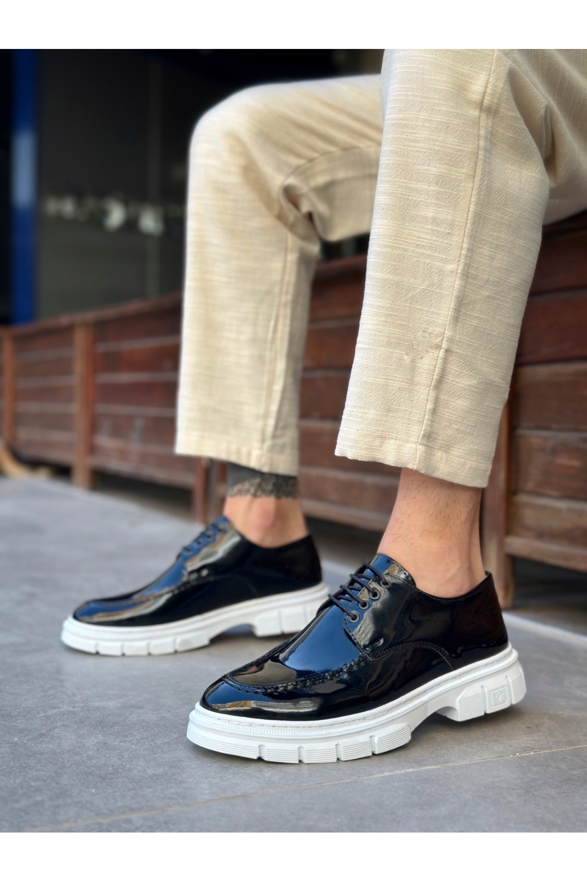 Bağcıklı Erkek Casual Ayakkabı SİYAH RUGAN (BEYAZ TABAN) - Görsel 4