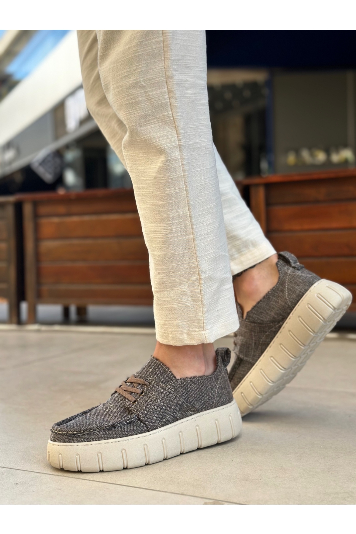 Bağcıklı Keten Erkek Günlük Ayakkabı KAHVERENGİ (KREM TABAN) - Görsel 3