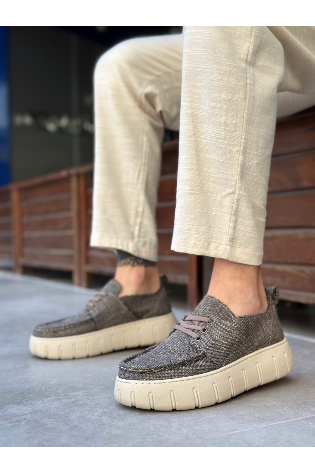 Bağcıklı Keten Erkek Günlük Ayakkabı KAHVERENGİ (KREM TABAN) - Görsel 4