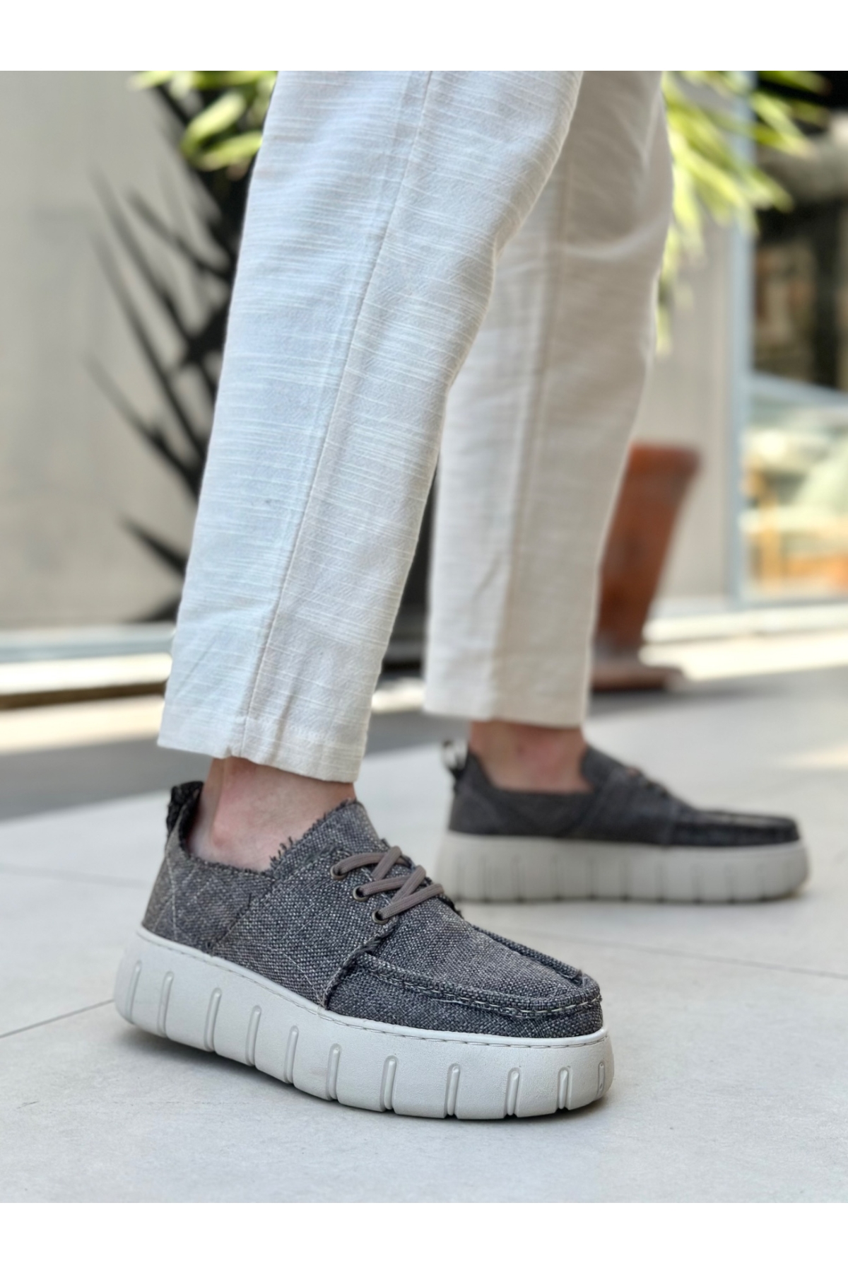 Bağcıklı Keten Erkek Günlük Ayakkabı KAHVERENGİ (KREM TABAN) - Görsel 5