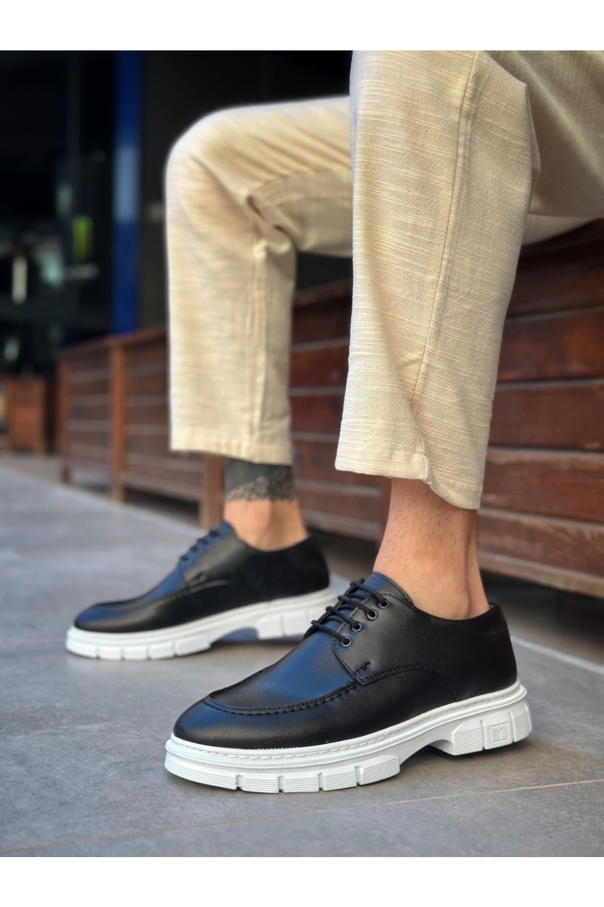Bağcıklı Erkek Casual Ayakkabı SİYAH (BEYAZ TABAN) - Görsel 3