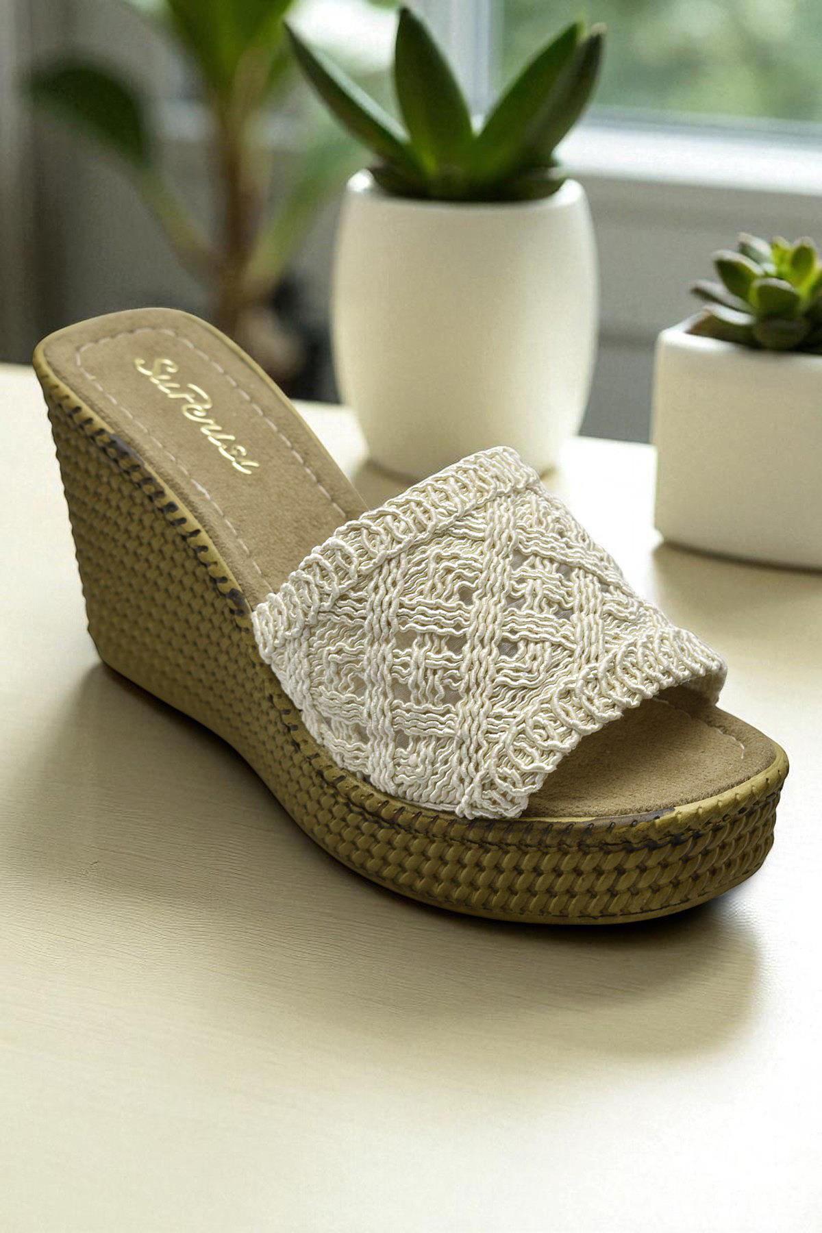 2503 10.5 cm Dolgu Topuklu Kadın Terlik Ayakkabı Düğün Nişan Abiye Kadın Ayakkabısı - Görsel 2