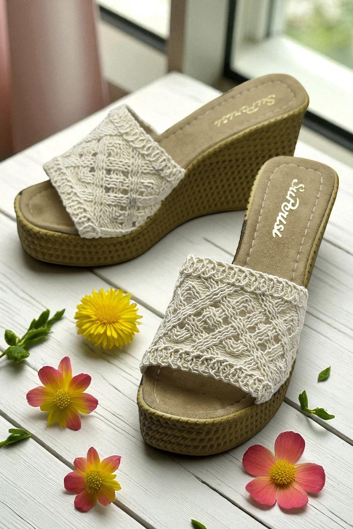 2503 10.5 cm Dolgu Topuklu Kadın Terlik Ayakkabı Düğün Nişan Abiye Kadın Ayakkabısı - Görsel 5