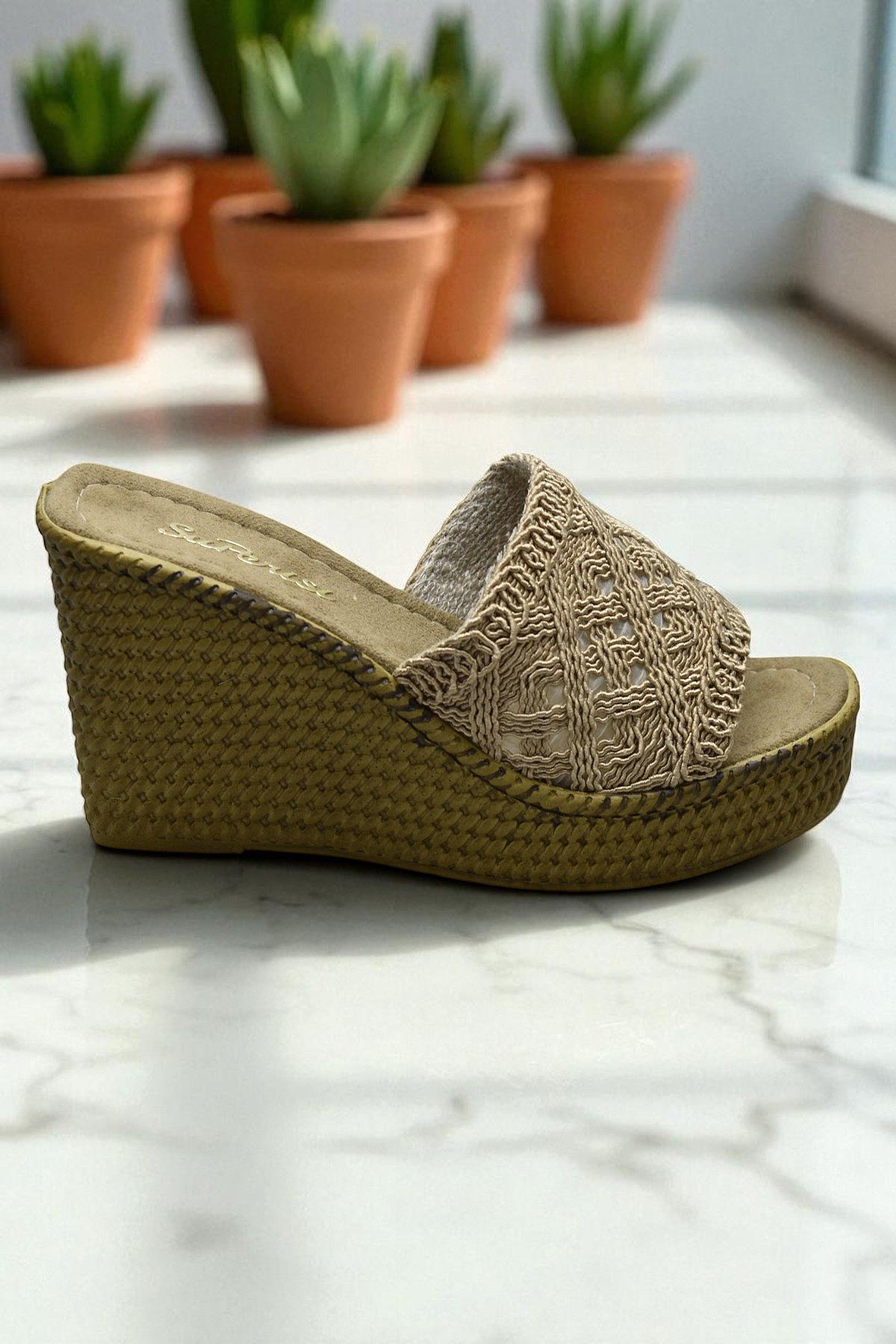 2503 10.5 cm Dolgu Topuklu Kadın Terlik Ayakkabı Düğün Nişan Abiye Kadın Ayakkabısı - Görsel 2