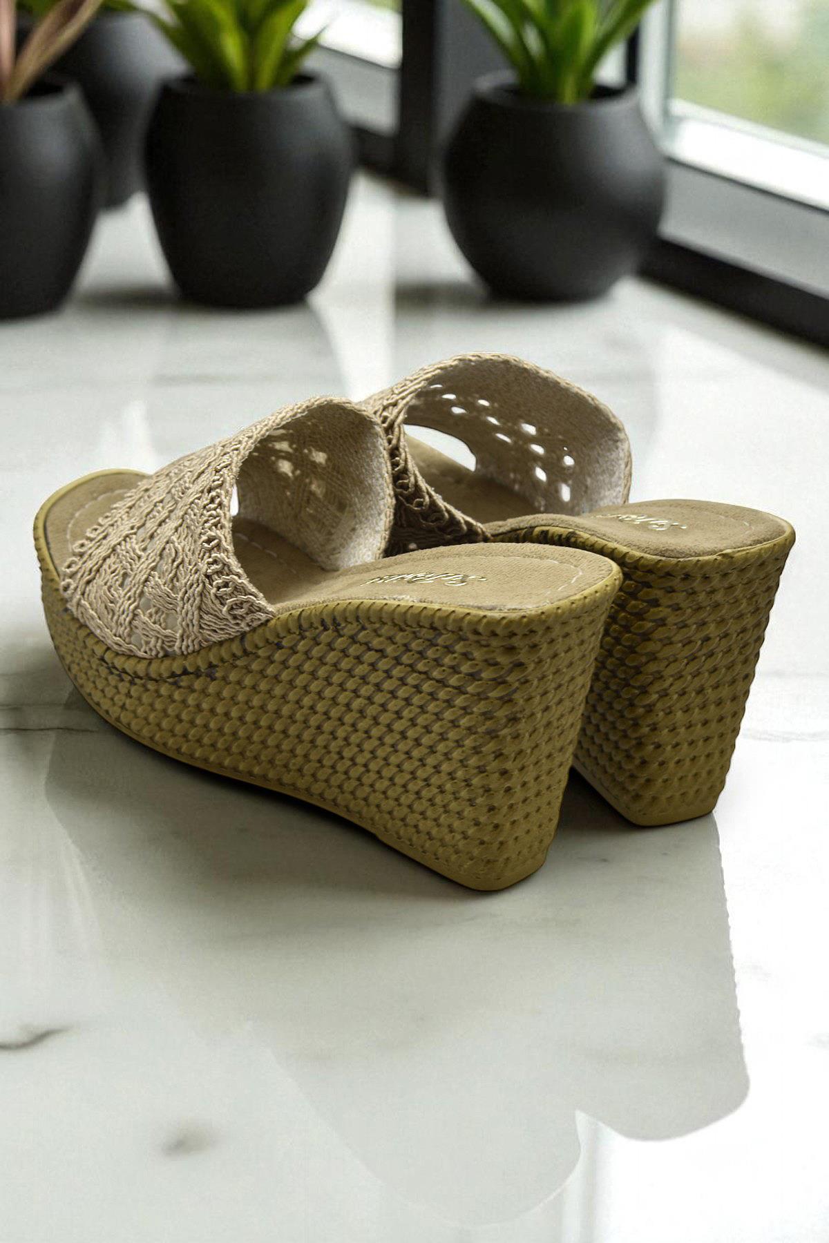 2503 10.5 cm Dolgu Topuklu Kadın Terlik Ayakkabı Düğün Nişan Abiye Kadın Ayakkabısı - Görsel 5