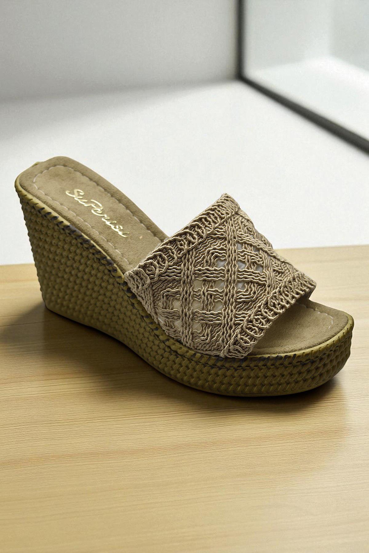 2503 10.5 cm Dolgu Topuklu Kadın Terlik Ayakkabı Düğün Nişan Abiye Kadın Ayakkabısı - Görsel 6