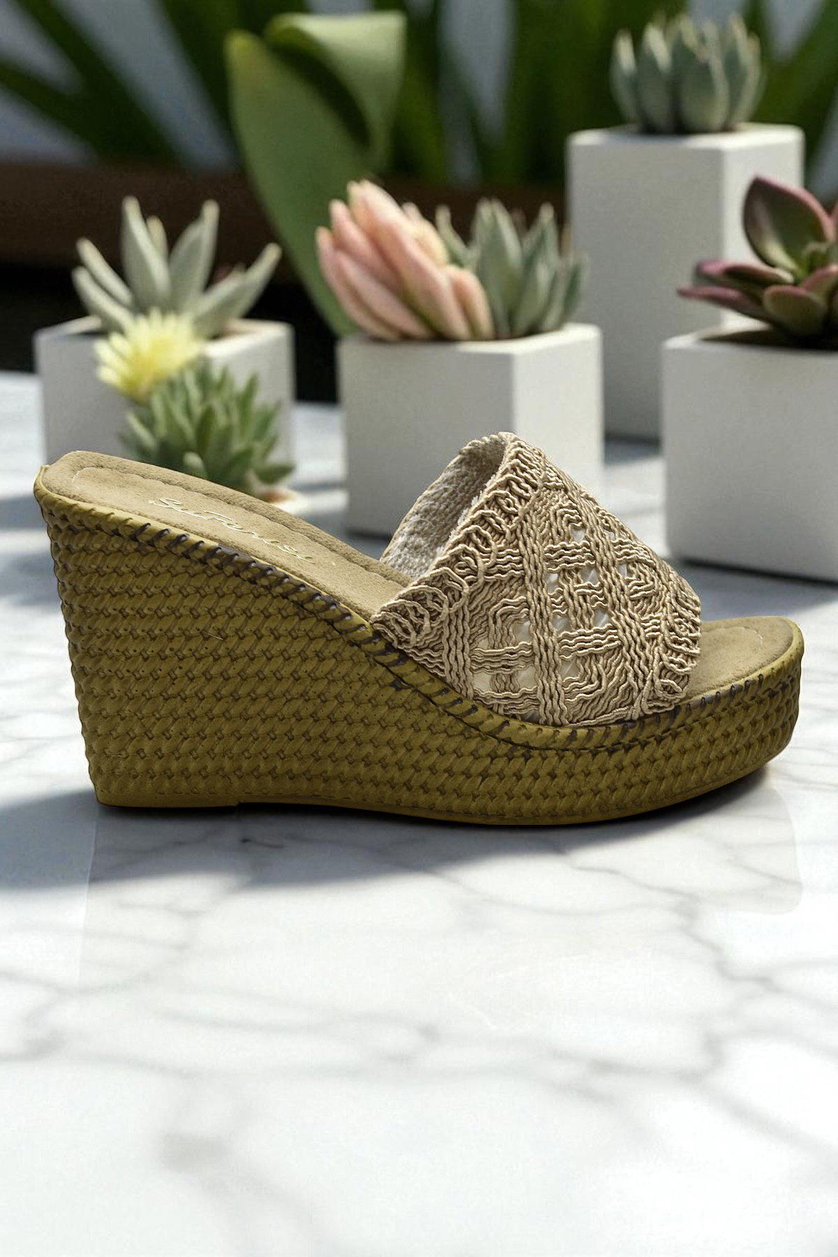 2503 10.5 cm Dolgu Topuklu Kadın Terlik Ayakkabı Düğün Nişan Abiye Kadın Ayakkabısı - Görsel 7