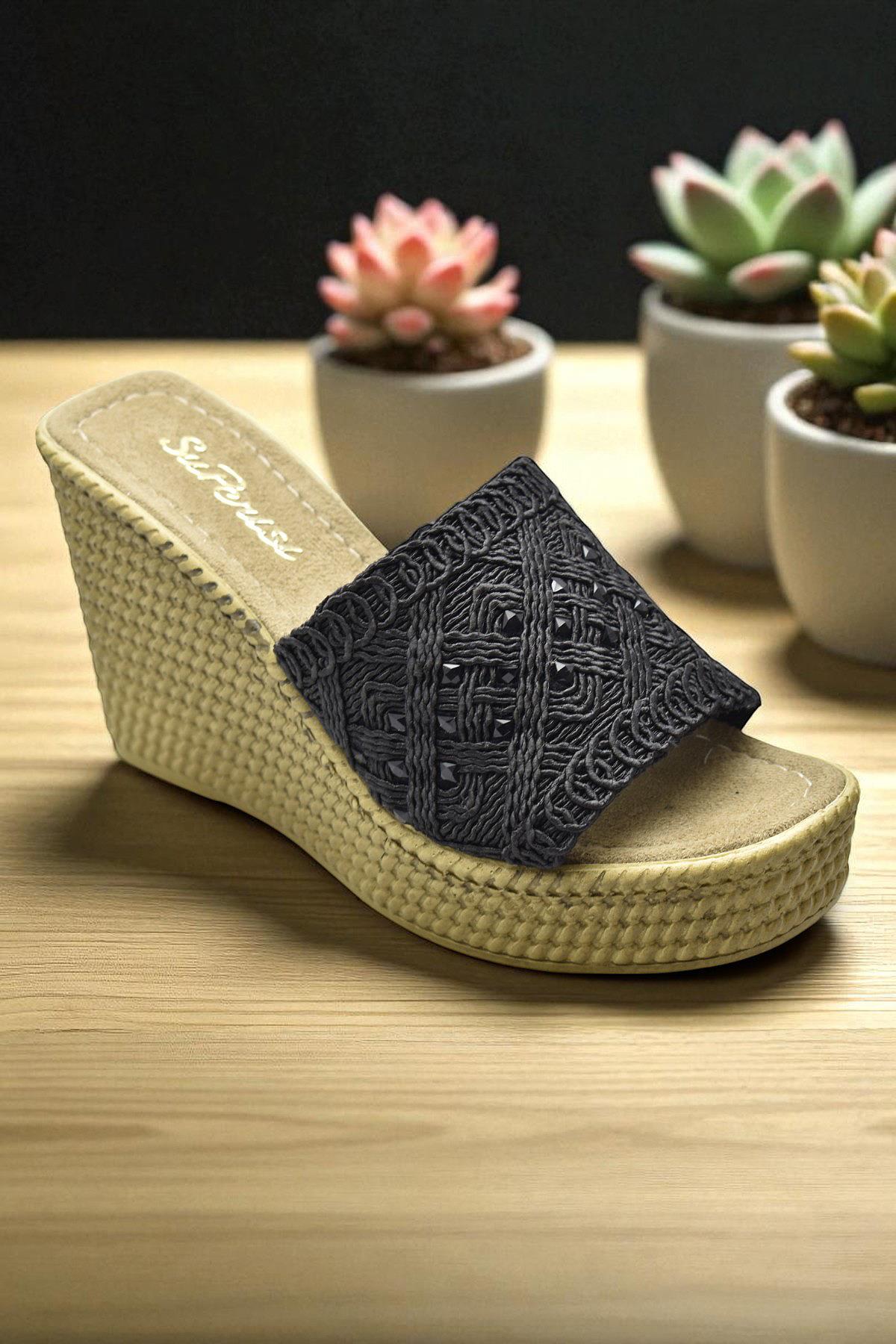 2503 10.5 cm Dolgu Topuklu Kadın Terlik Ayakkabı Düğün Nişan Abiye Kadın Ayakkabısı - Görsel 3