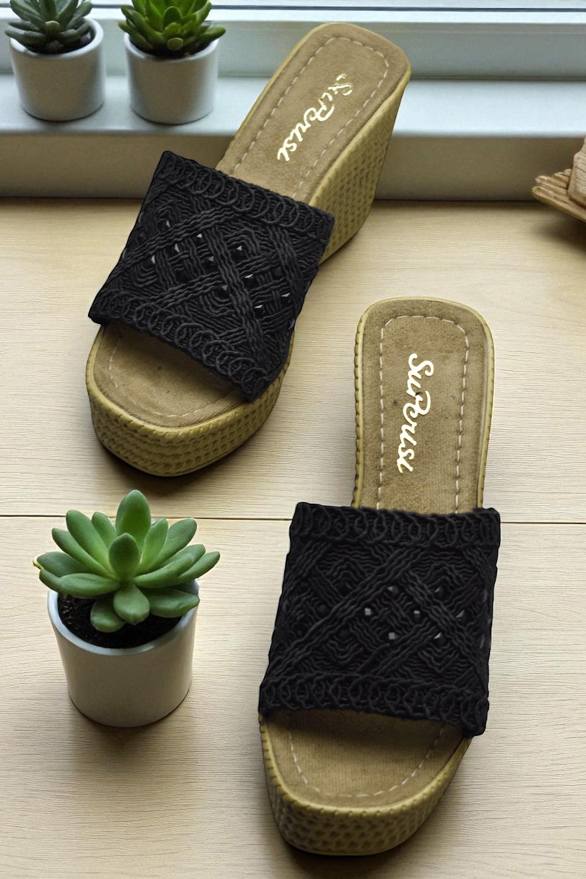 2503 10.5 cm Dolgu Topuklu Kadın Terlik Ayakkabı Düğün Nişan Abiye Kadın Ayakkabısı - Görsel 5