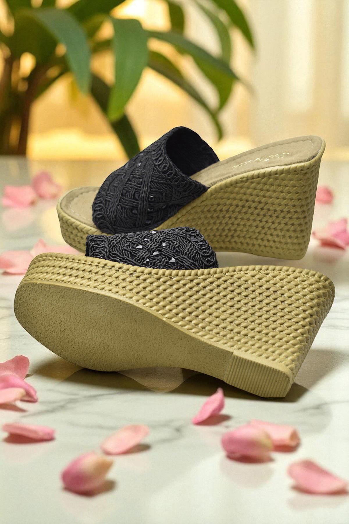 2503 10.5 cm Dolgu Topuklu Kadın Terlik Ayakkabı Düğün Nişan Abiye Kadın Ayakkabısı - Görsel 7