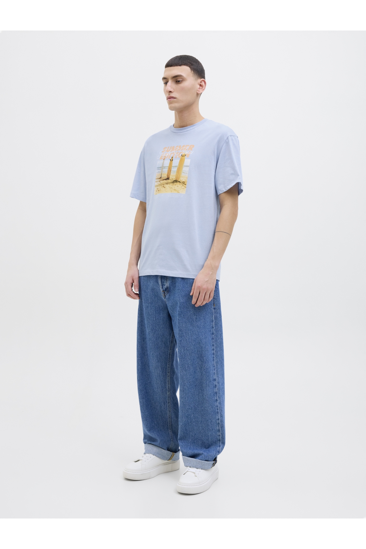 Jack Jones Jjporto Tee Ss Crew Neck Erkek Mavi Tshirt 12269429-07