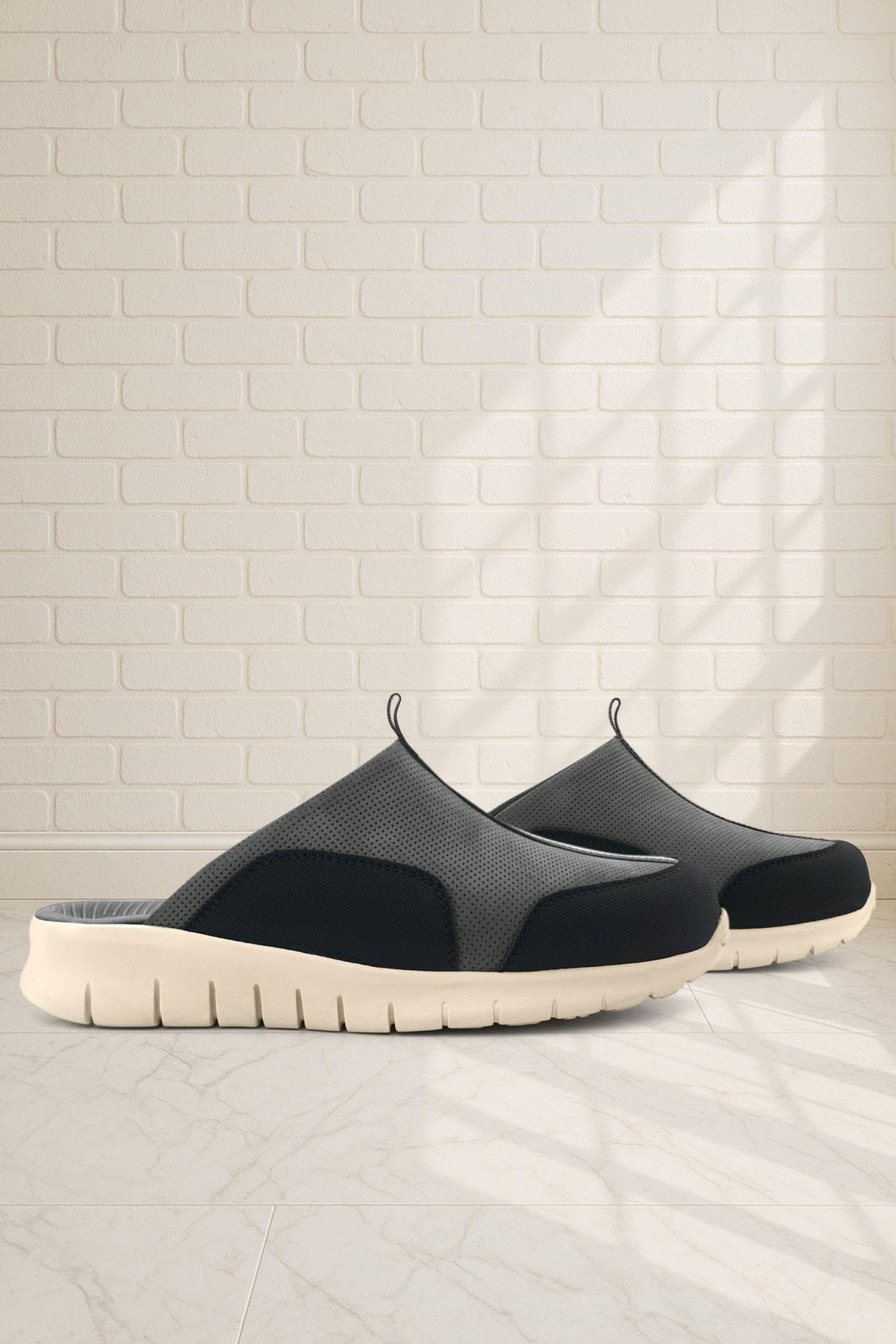 Medikal Hakiki Deri Gri Siyah Krem Tabanlı Comfort Spor Terlik - Görsel 2