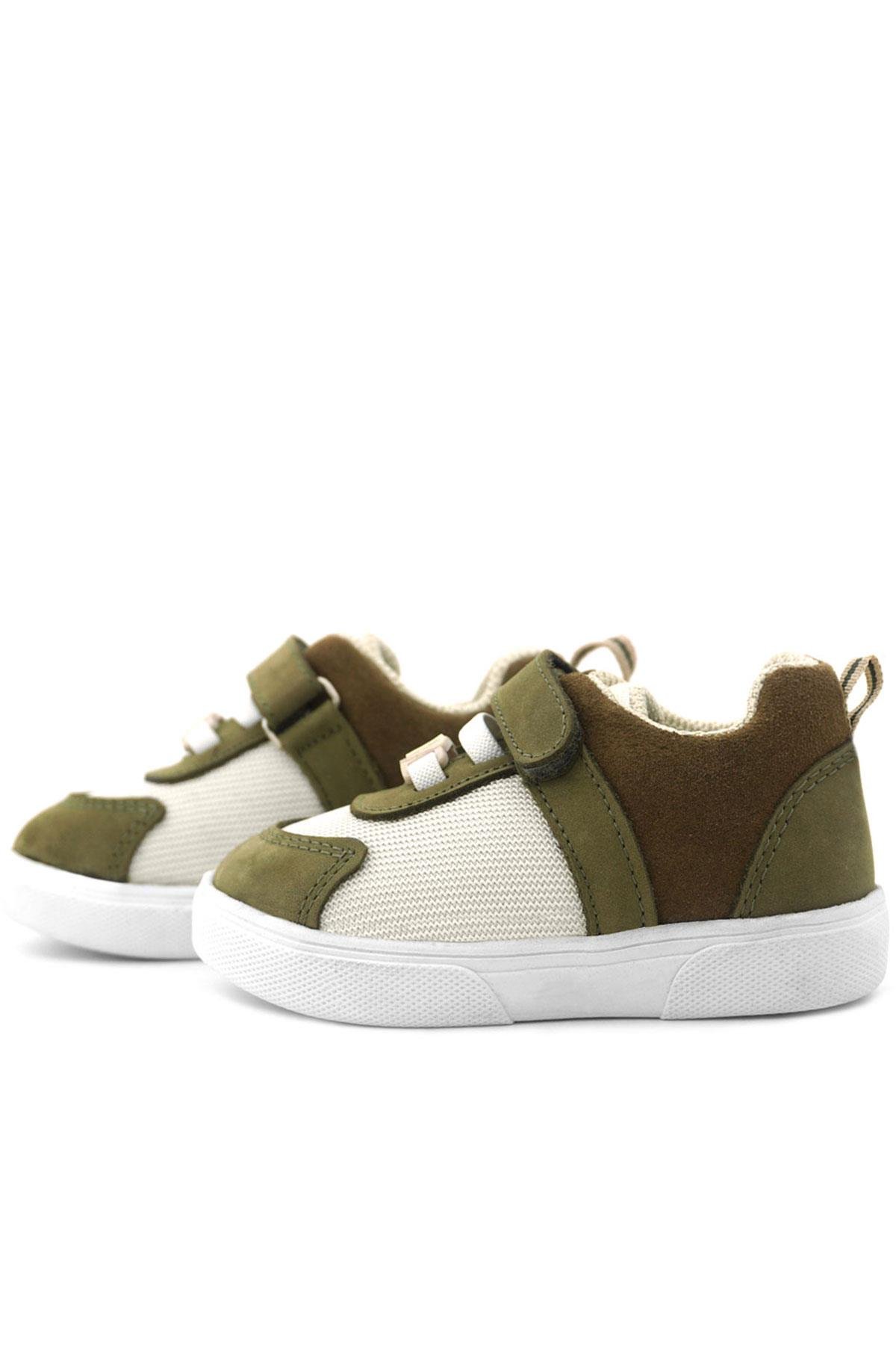 Hakiki Deri Haki Yeşil Krem Rengi Cırtlı Bebek Ayakkabı - Görsel 8