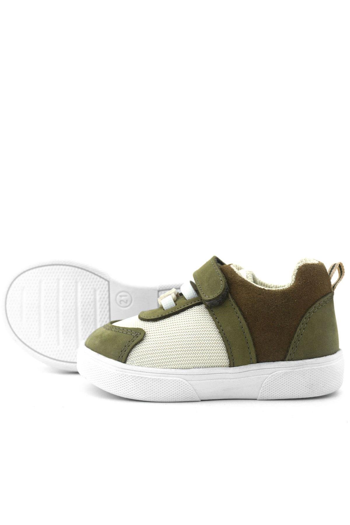 Hakiki Deri Haki Yeşil Krem Rengi Cırtlı Bebek Ayakkabı - Görsel 9