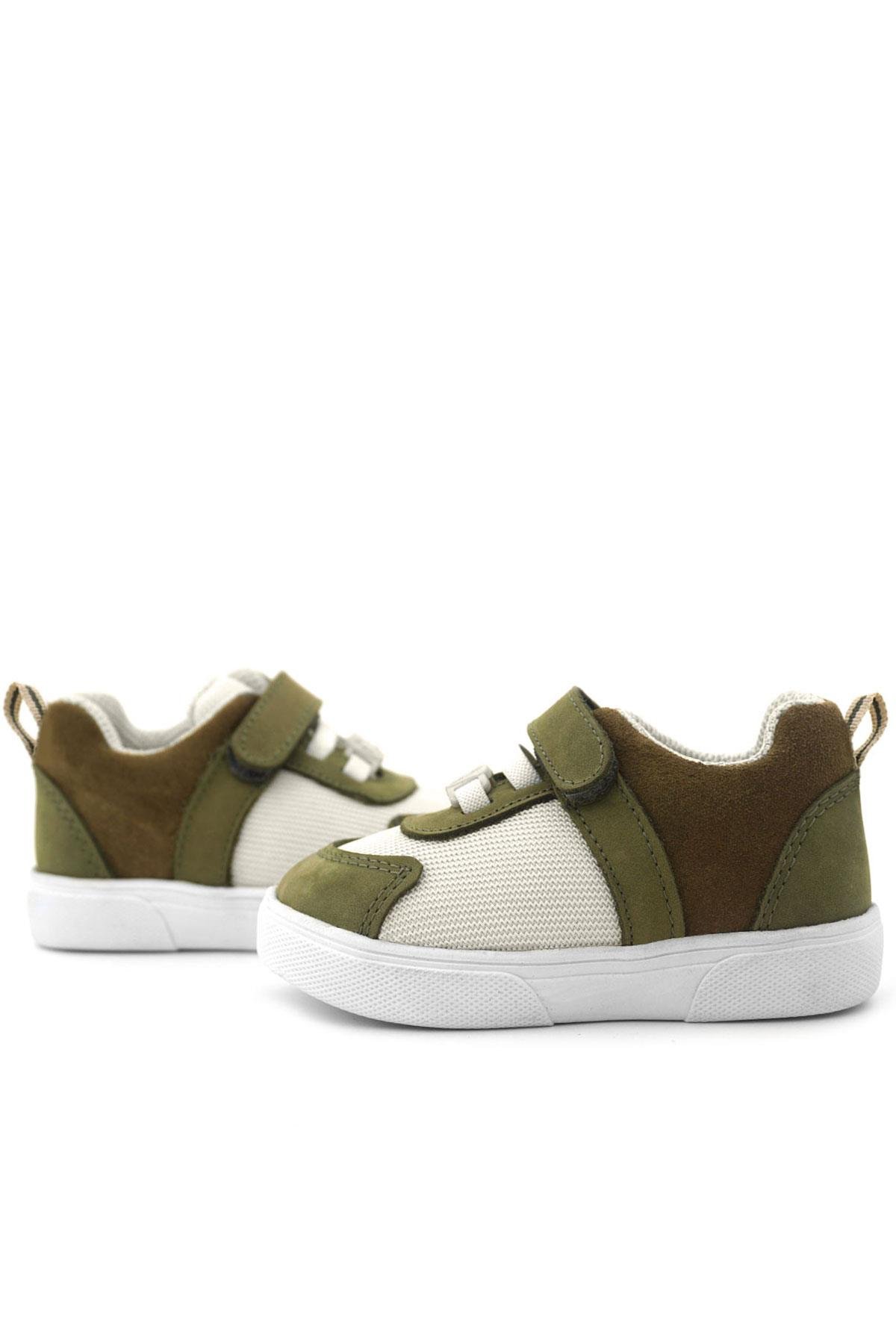 Hakiki Deri Haki Yeşil Krem Rengi Cırtlı Bebek Ayakkabı - Görsel 10