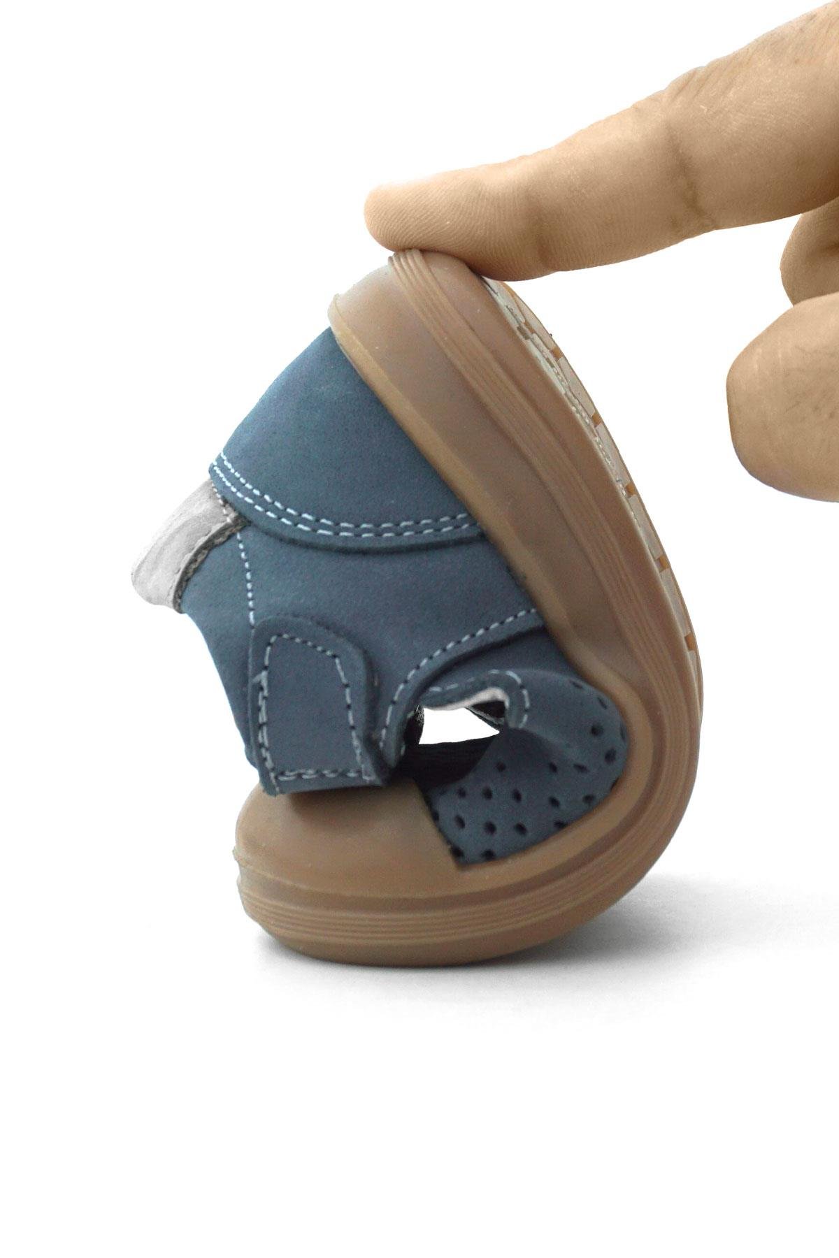 Shaun Hakiki Deri Lacivert Gri Cırtlı Anatomik Bebek Sandalet - Görsel 3