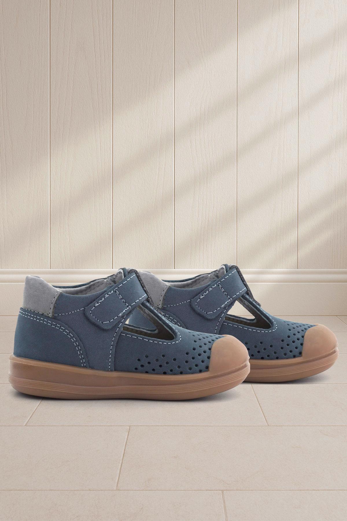 Shaun Hakiki Deri Lacivert Gri Cırtlı Anatomik Bebek Sandalet - Görsel 4