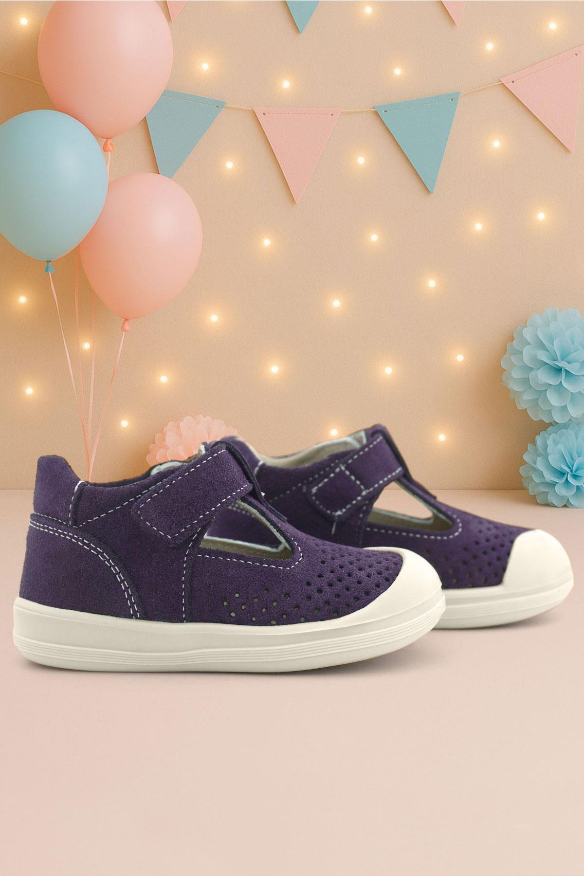 Shaun Hakiki Deri Mor Beyaz Cırtlı Anatomik Bebek Sandalet - Görsel 5