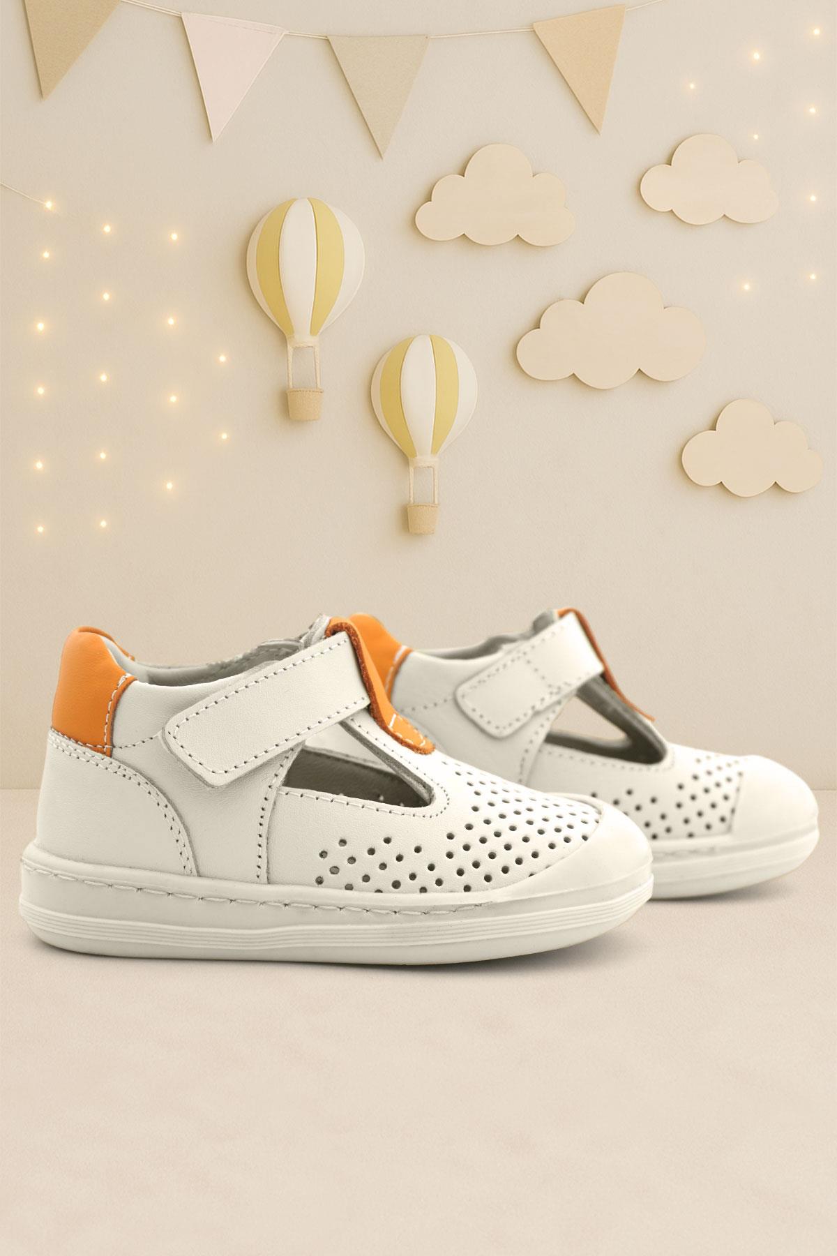 Shaun Hakiki Deri Bej Turuncu Cırtlı Anatomik Bebek Sandalet - Görsel 5