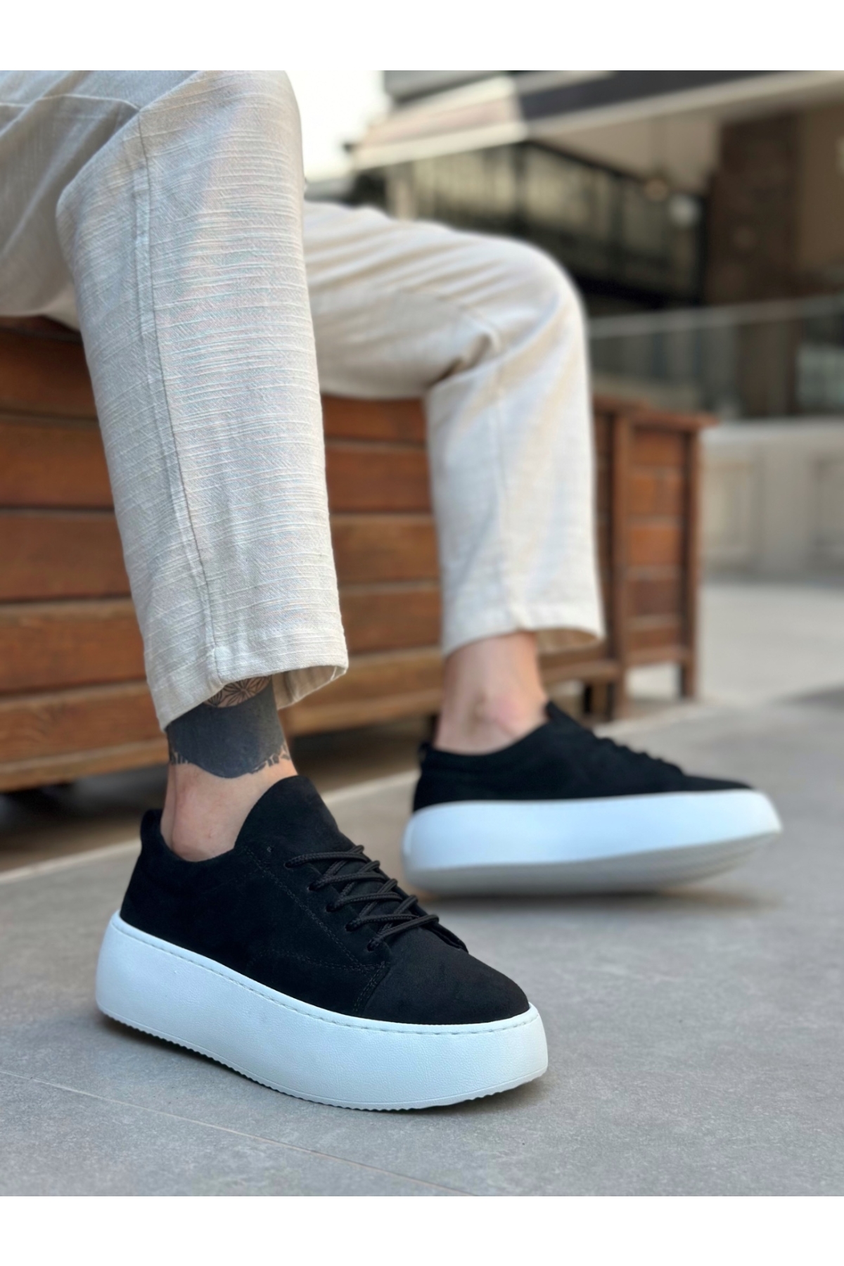 Bağcıklı Yüksek Taban Erkek Spor Ayakkabı SİYAH SÜET (BEYAZ TABAN) - Görsel 2