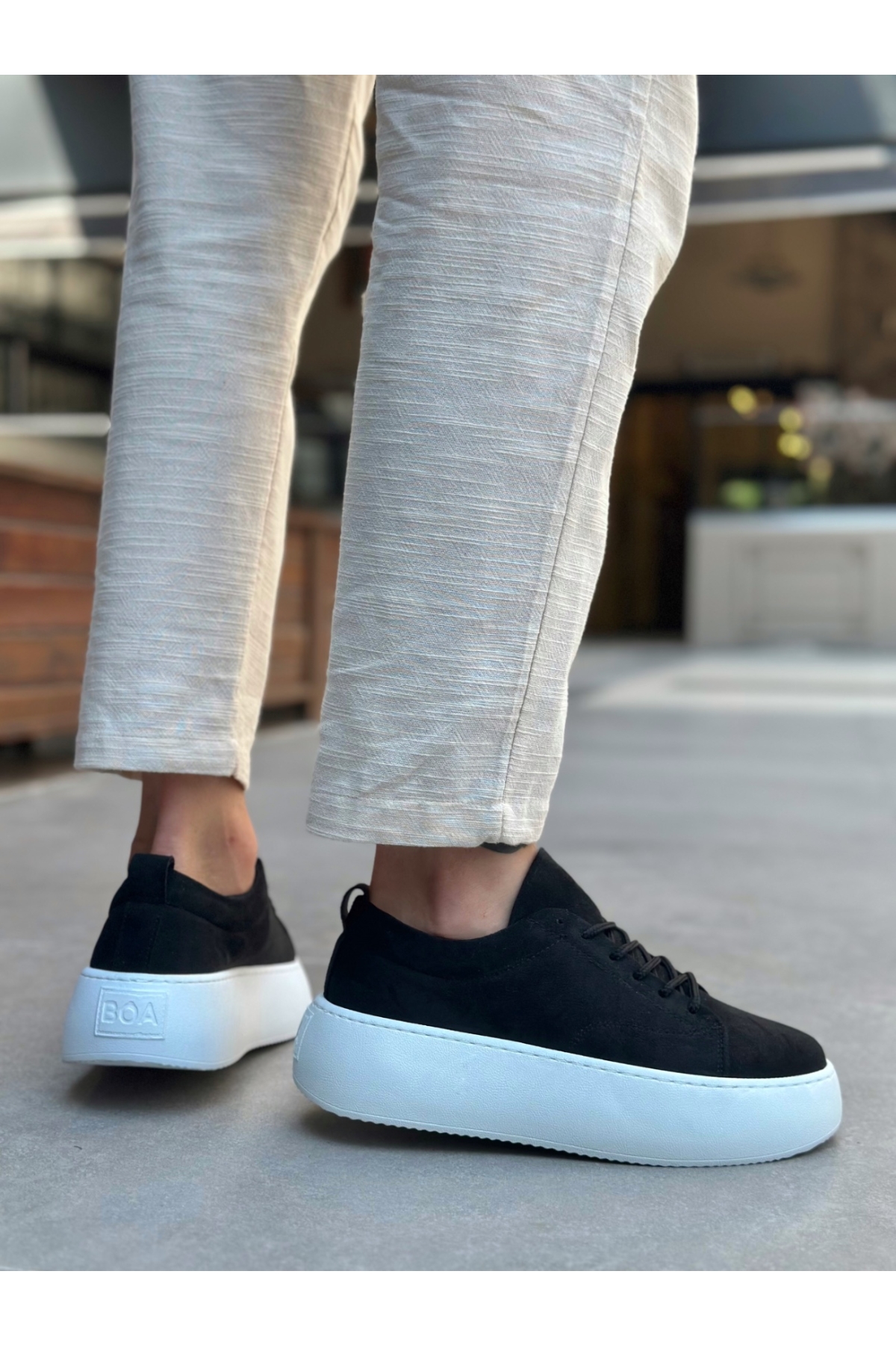 Bağcıklı Yüksek Taban Erkek Spor Ayakkabı SİYAH SÜET (BEYAZ TABAN) - Görsel 3