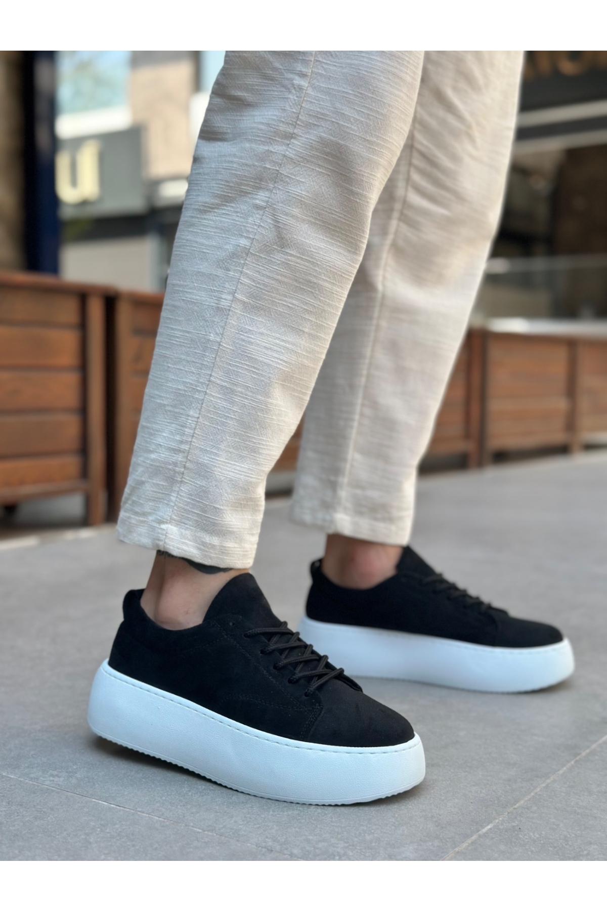 Bağcıklı Yüksek Taban Erkek Spor Ayakkabı SİYAH SÜET (BEYAZ TABAN) - Görsel 4