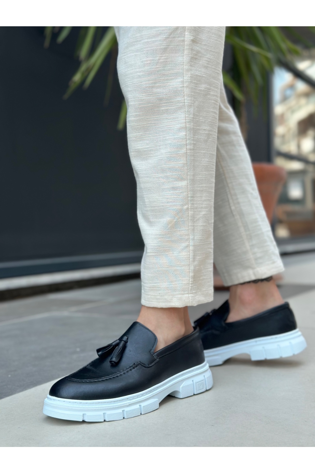 Püsküllü Erkek Casual Ayakkabı SİYAH (BEYAZ TABAN) - Görsel 3