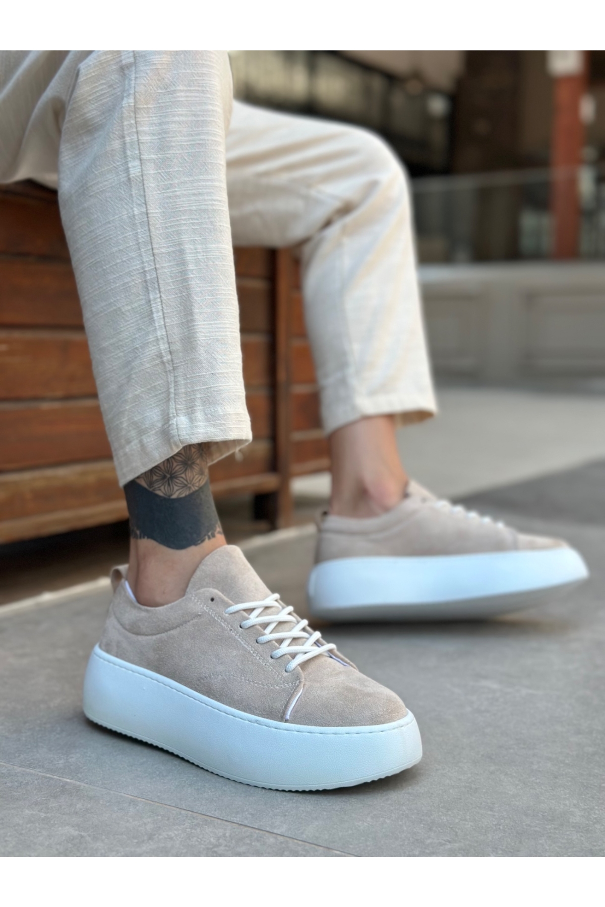 Bağcıklı Yüksek Taban Erkek Spor Ayakkabı KREM SÜET (BEYAZ TABAN) - Görsel 2