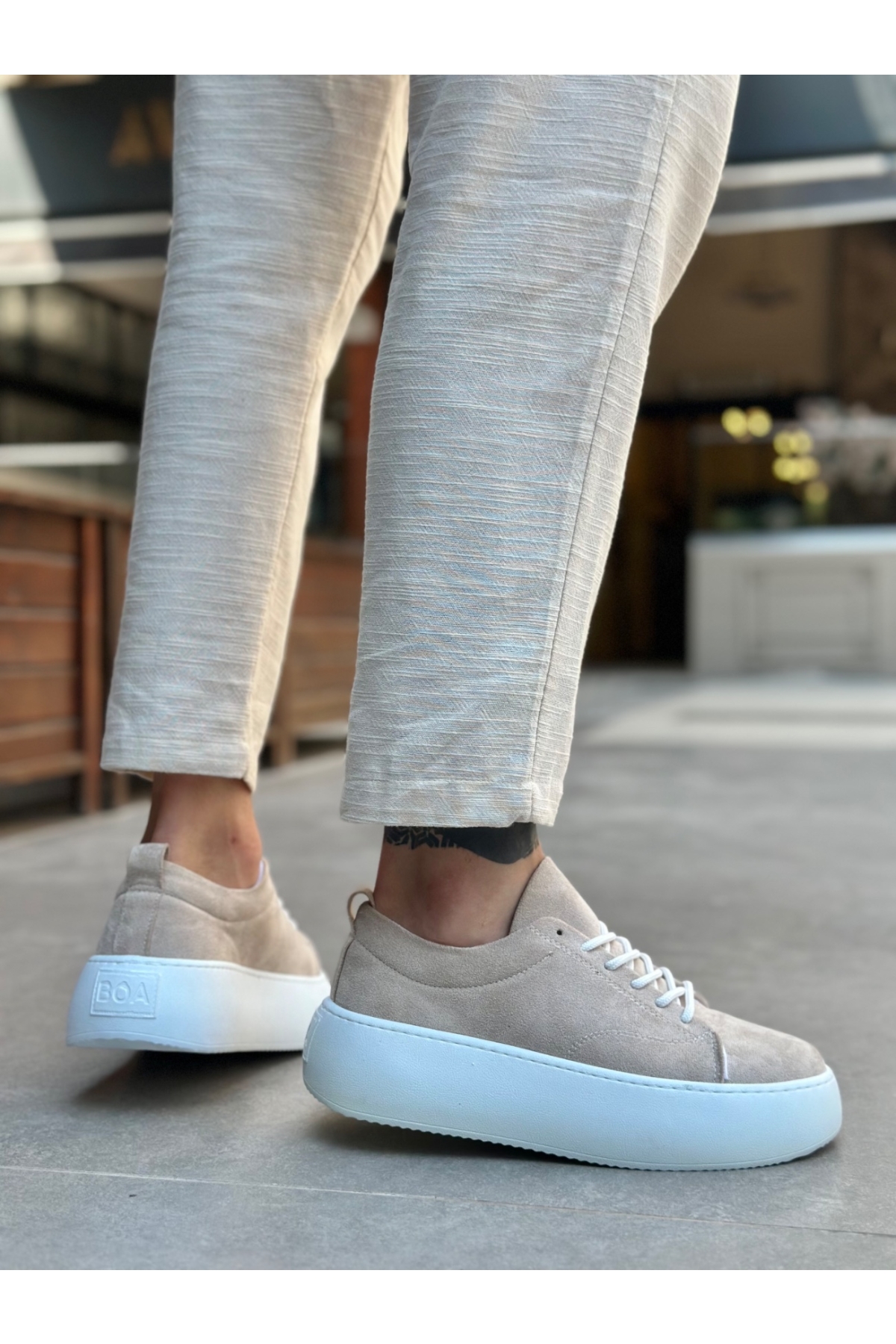 Bağcıklı Yüksek Taban Erkek Spor Ayakkabı KREM SÜET (BEYAZ TABAN) - Görsel 3