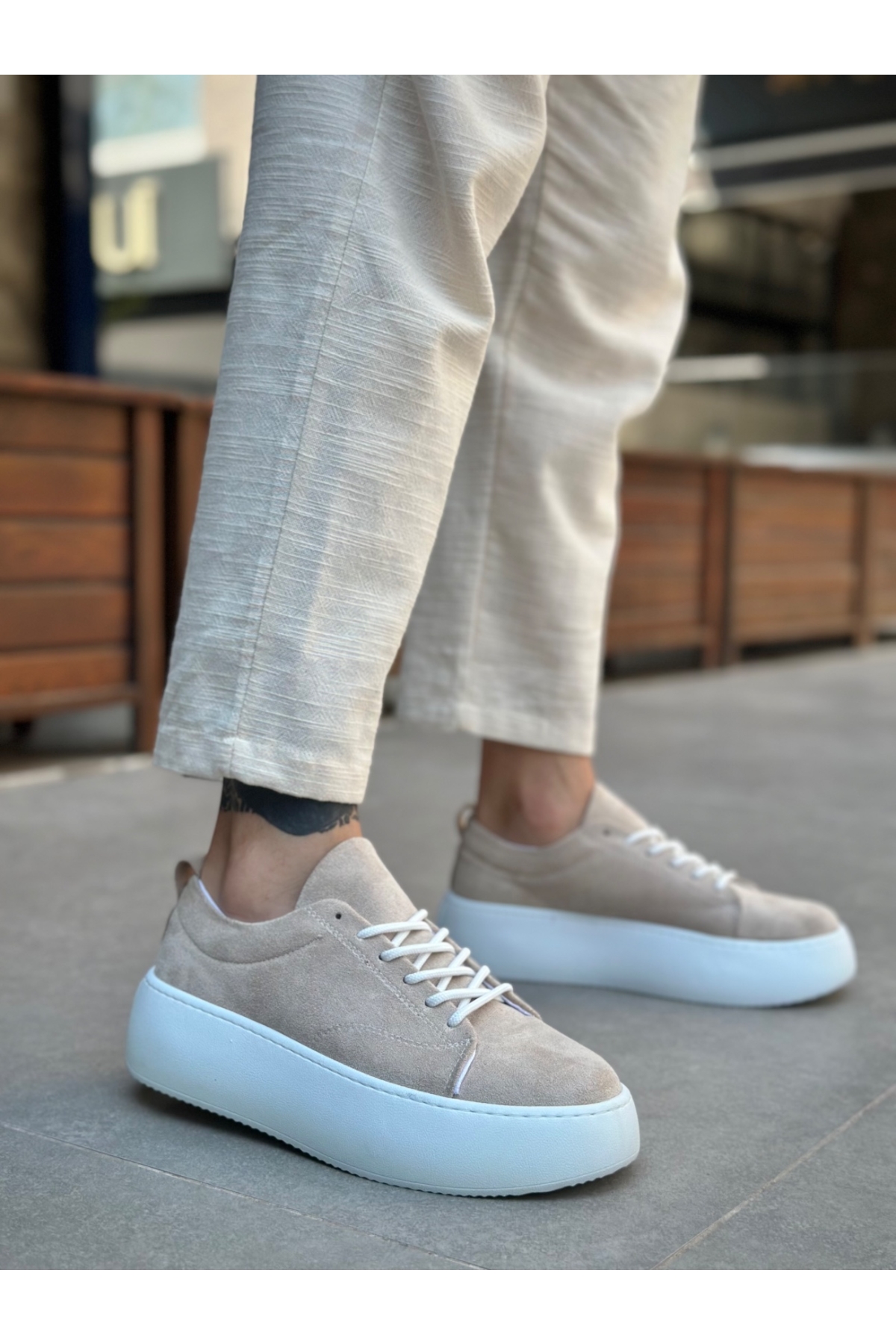 Bağcıklı Yüksek Taban Erkek Spor Ayakkabı KREM SÜET (BEYAZ TABAN) - Görsel 4