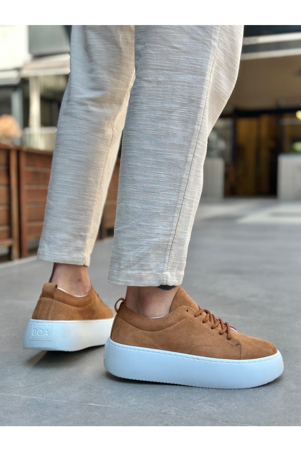 Bağcıklı Yüksek Taban Erkek Spor Ayakkabı TABA SÜET (BEYAZ TABAN) - Görsel 3