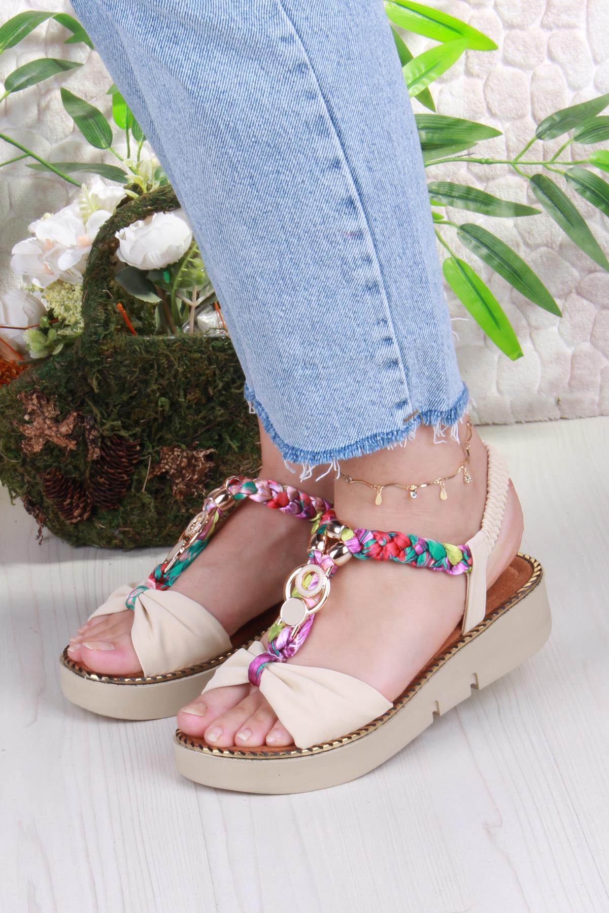 079-513 Fls Toka Detaylı Lastik Bağlı Renkli Örgü Kalın Taban Kadın Sandalet - Görsel 3