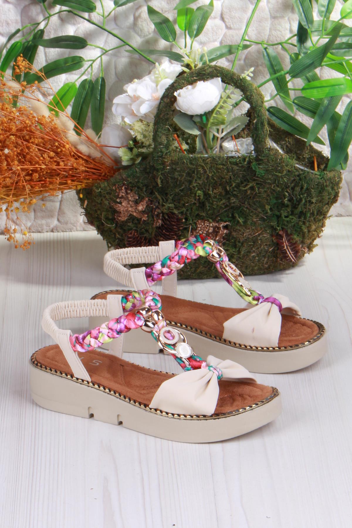 079-513 Fls Toka Detaylı Lastik Bağlı Renkli Örgü Kalın Taban Kadın Sandalet - Görsel 5