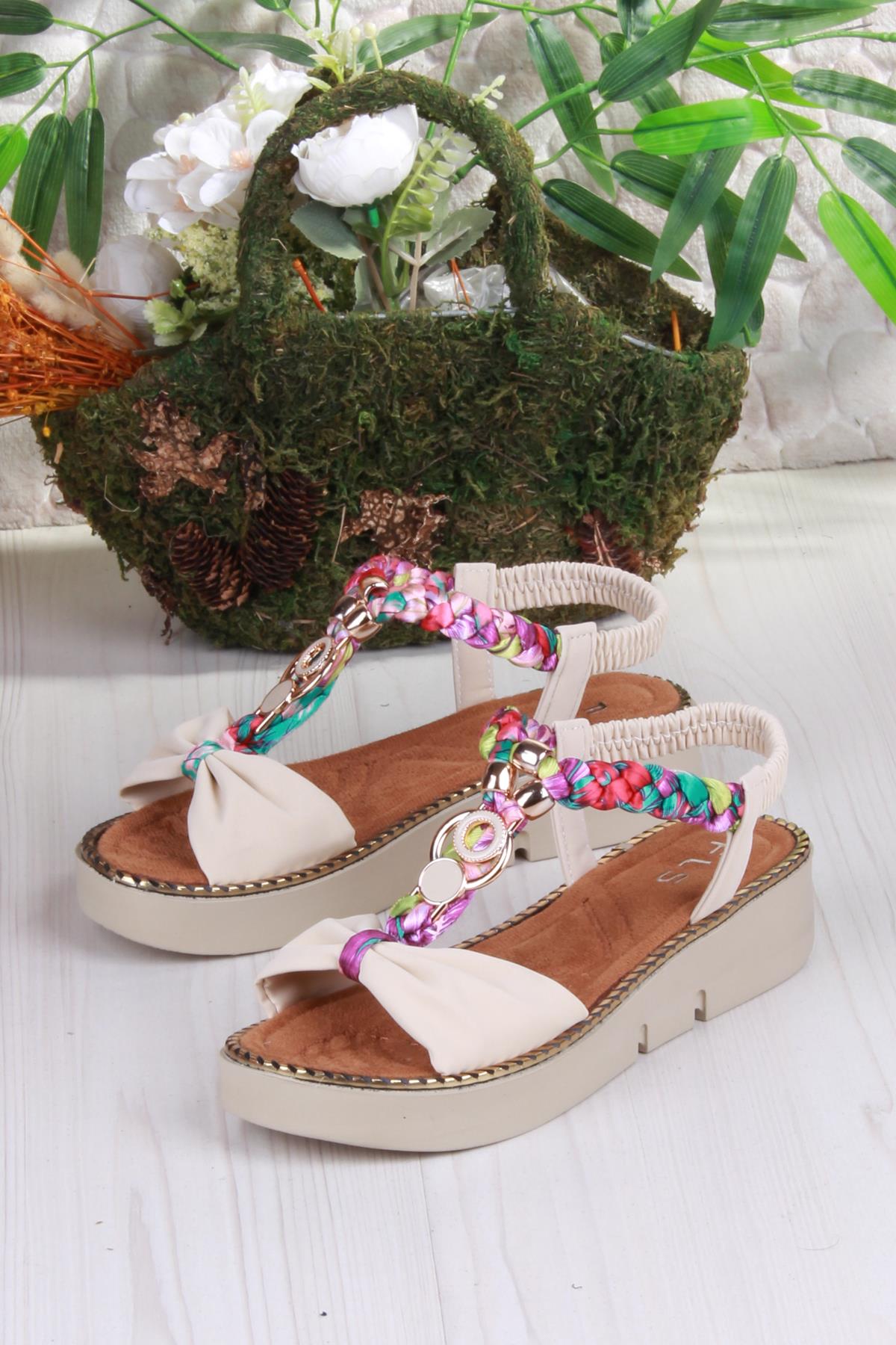 079-513 Fls Toka Detaylı Lastik Bağlı Renkli Örgü Kalın Taban Kadın Sandalet - Görsel 6