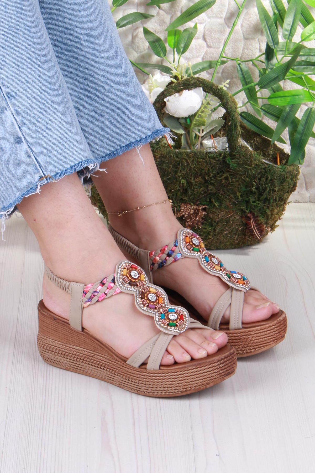 5015 Fendi Taşlı Boncuklu Dolgu Taban Kadın Sandelet - Görsel 2