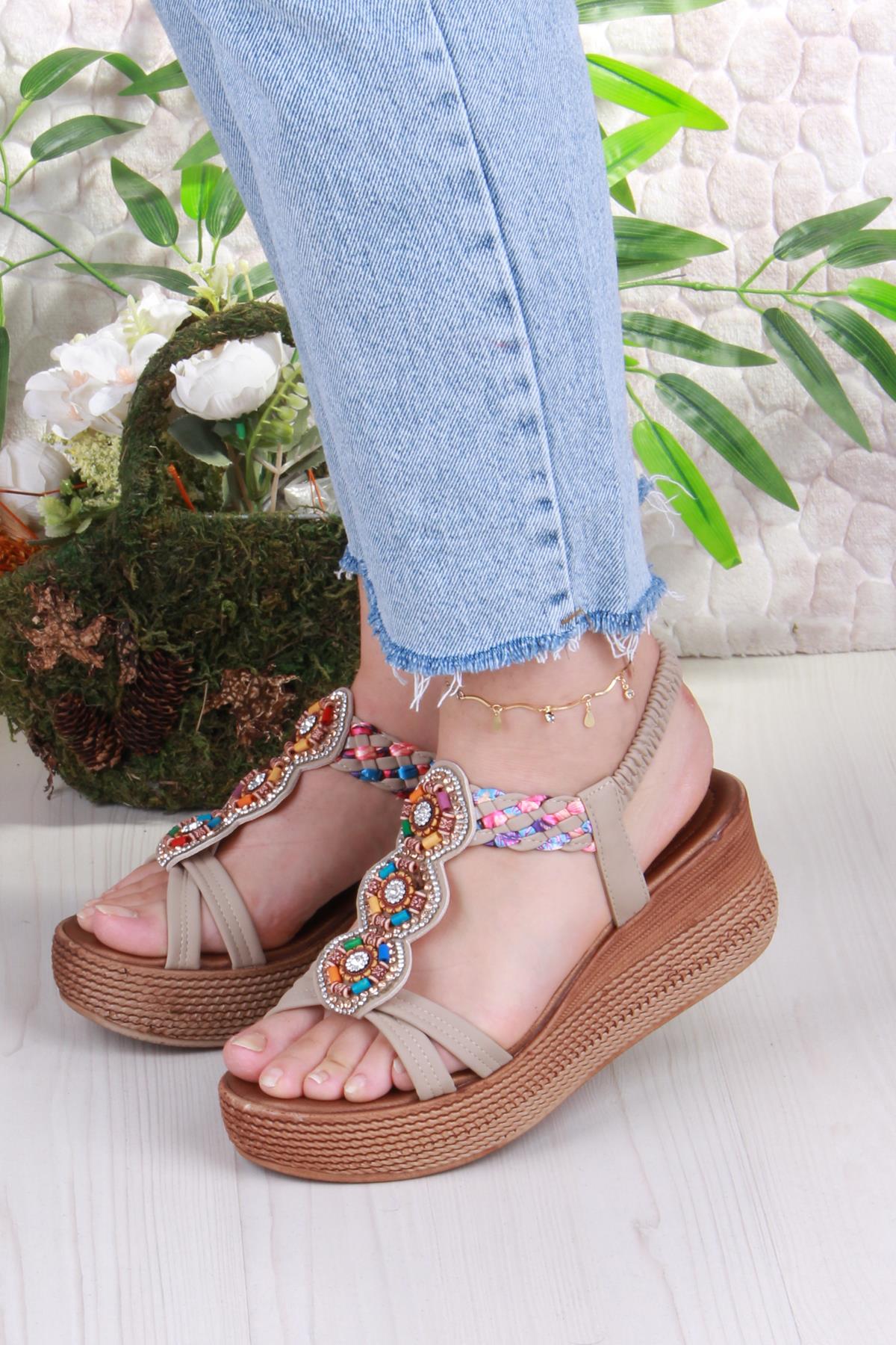 5015 Fendi Taşlı Boncuklu Dolgu Taban Kadın Sandelet - Görsel 3