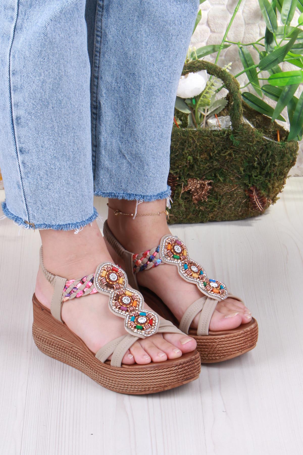 5015 Fendi Taşlı Boncuklu Dolgu Taban Kadın Sandelet - Görsel 4