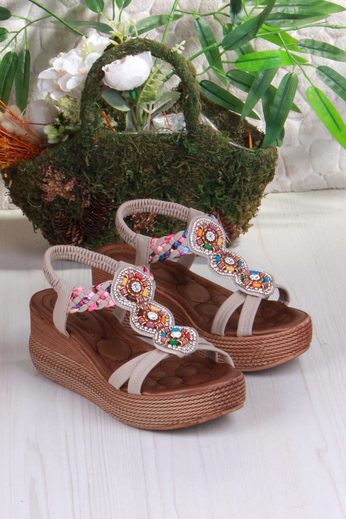 5015 Fendi Taşlı Boncuklu Dolgu Taban Kadın Sandelet - Görsel 5